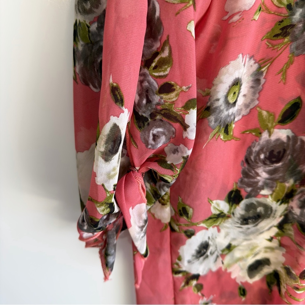kimono Sheer cardigan tie sleeve open front vacation coral floral Resort size L - Picture 5 of 8